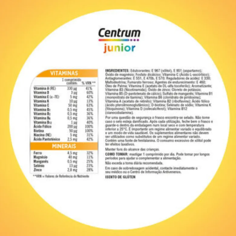 Centrum Junior 60 Comprimidos Mastigáveis | Vitaminas e Minerais Crianças +4 Anos