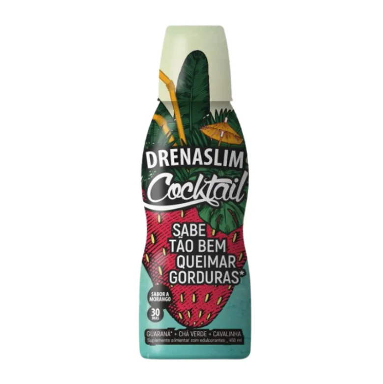 Drenaslim Cocktail Solução 450ml Morango | Guaraná + Chá Verde + Cavalinha | Drenante e Ativador Metabólico