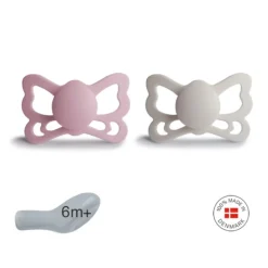 Frigg Butterfly Chupetas Silicone Primrose e Silver Gray +6M | Pack 2 chupetas