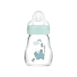 MAM Feel Good Biberão Vidro Azul 170ml +0M | Fluxo 0 ideal para leite materno com Tetina SkinSoft