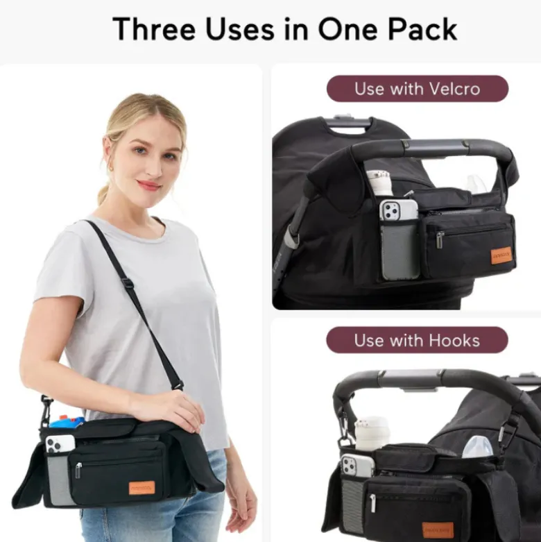 Momcozy Bolsa Preta Organizadora Carrinho Bebé | Porta Copos + Arrumação Fácil + Alça