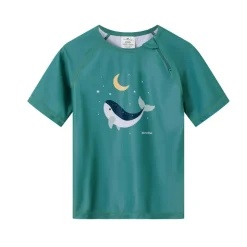 Monnëka Camiseta de Proteção Solar Manga Curta Whale Teal 1-2A | UPF50+ | Oeko-Tex