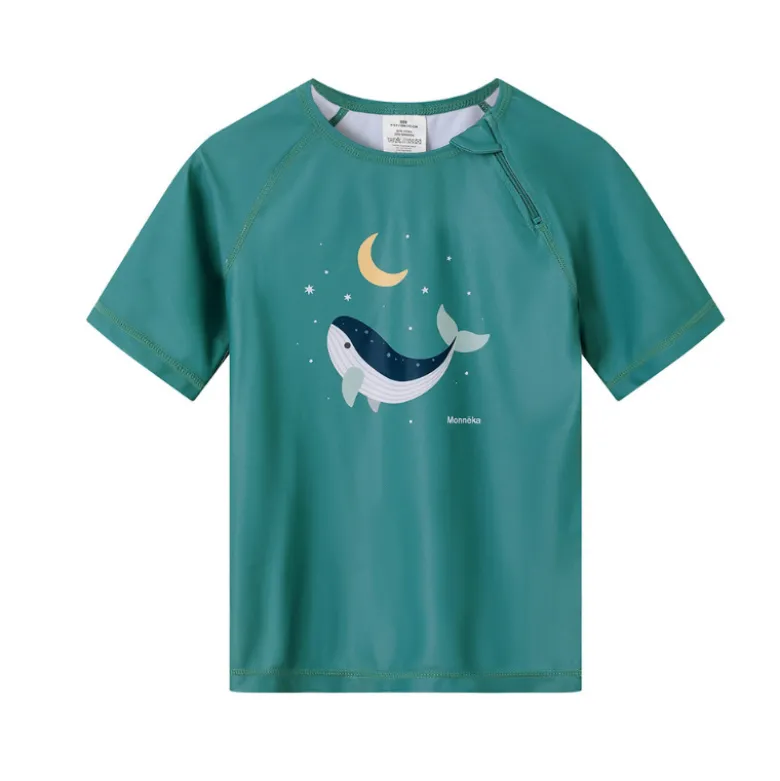 Monnëka Camiseta de Proteção Solar Manga Curta Whale Teal 1-2A | UPF50+ | Oeko-Tex