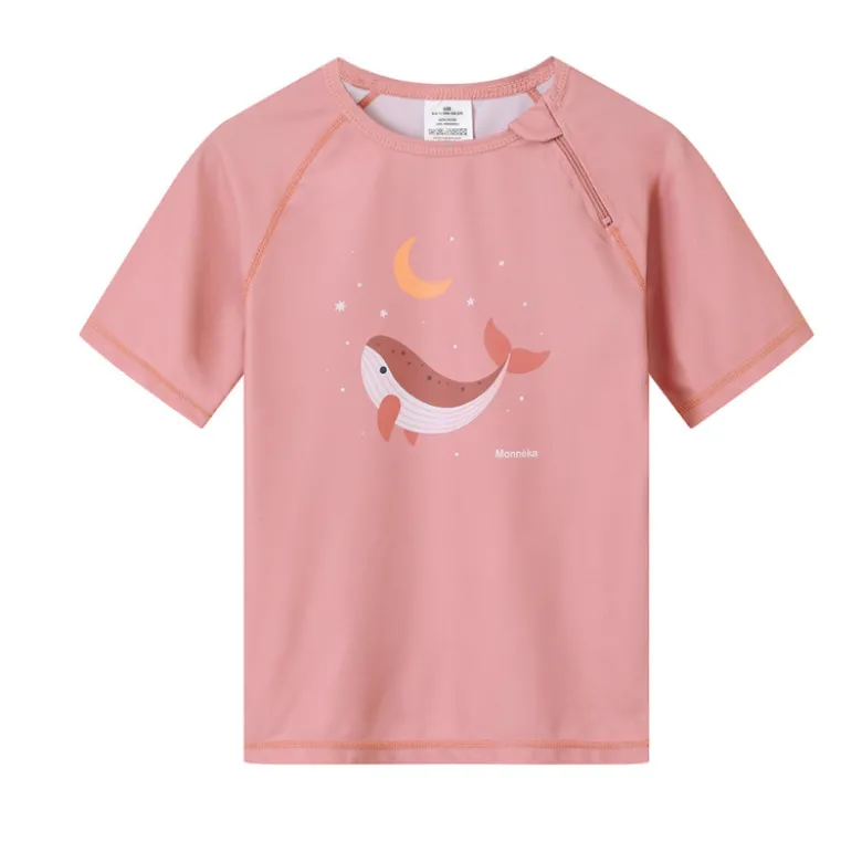 Monnëka Camiseta de Proteção Solar Whale Pink 1-2A | UPF50+ | Oeko-Tex