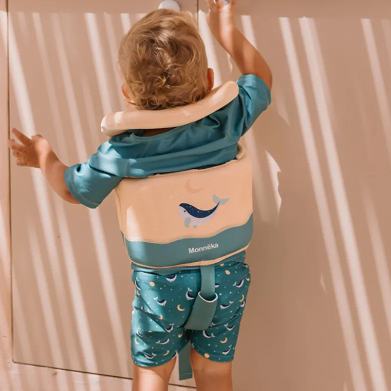 Monnëka Colete Flutuante Aprendizagem Whale Teal 1-2 Anos | 11-15kg | Para os primeiros contactos com a água
