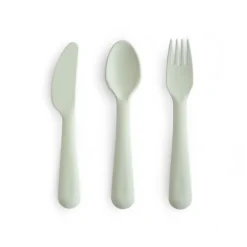 Mushie Conjunto Talheres 6+ Meses Cor Powder Sage | Garfo, Colher e Faca - Plástico Seguro