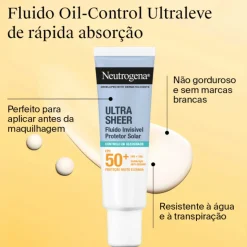 Neutrogena Ultra Sheer Protetor Solar Fluido Invisível Oil-Control FPS 50+ 50ml | Pele Oleosa e Acneica