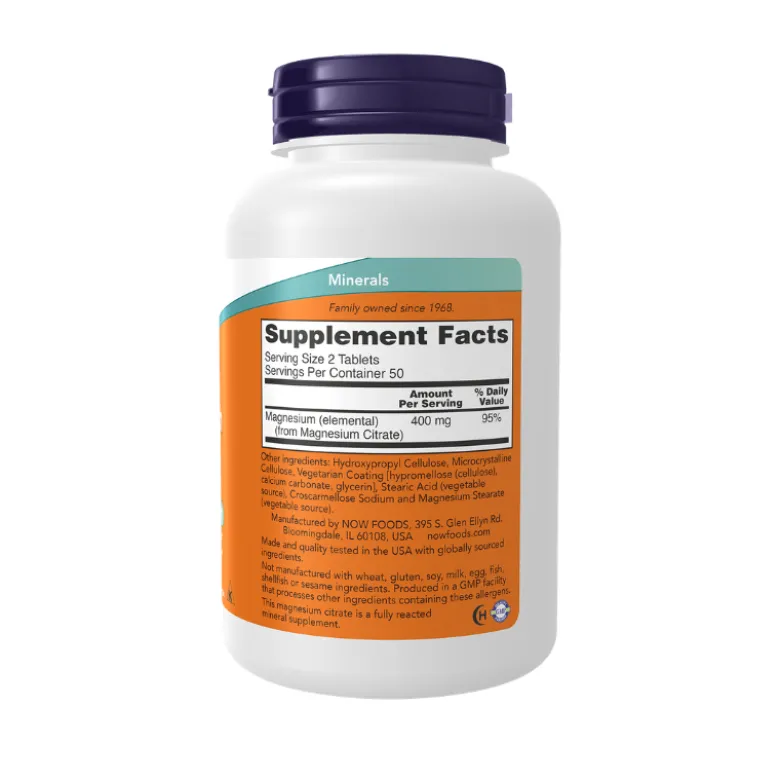 NOW Magnesium Citrate 200mg 100 Comprimidos | Elevada Absorção | Energia e Relaxamento