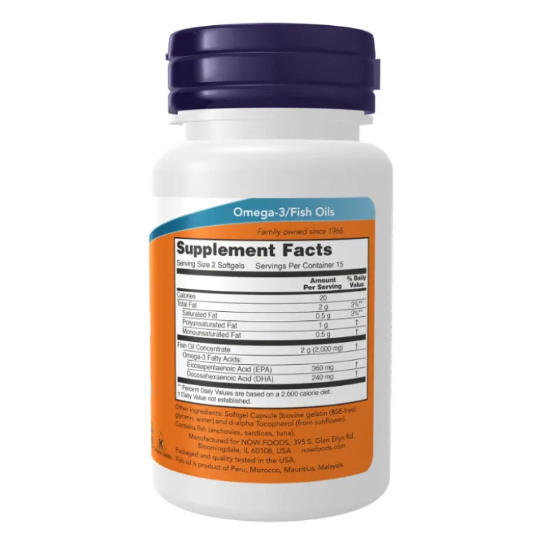 NOW Omega-3 Óleo de Peixe Cápsulas Moles 200 Uni. | Suporte cardiovascular e geral