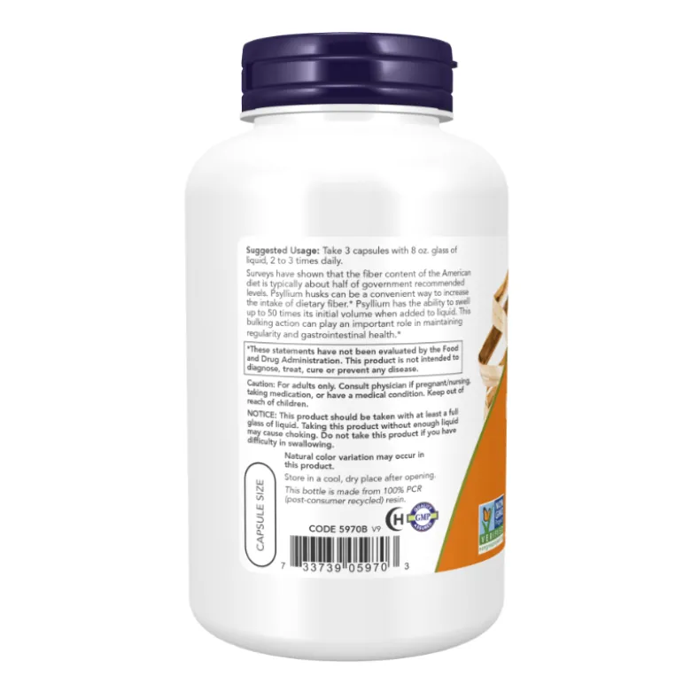 NOW Psyllium Husk 500mg 200 Cápsulas | Regularidade Intestinal