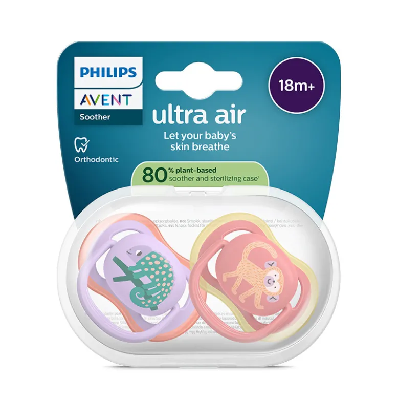 Philips Avent Ultra Air Chupeta Camaleão e Macaco 18M+ | 2 Chupetas Silicone