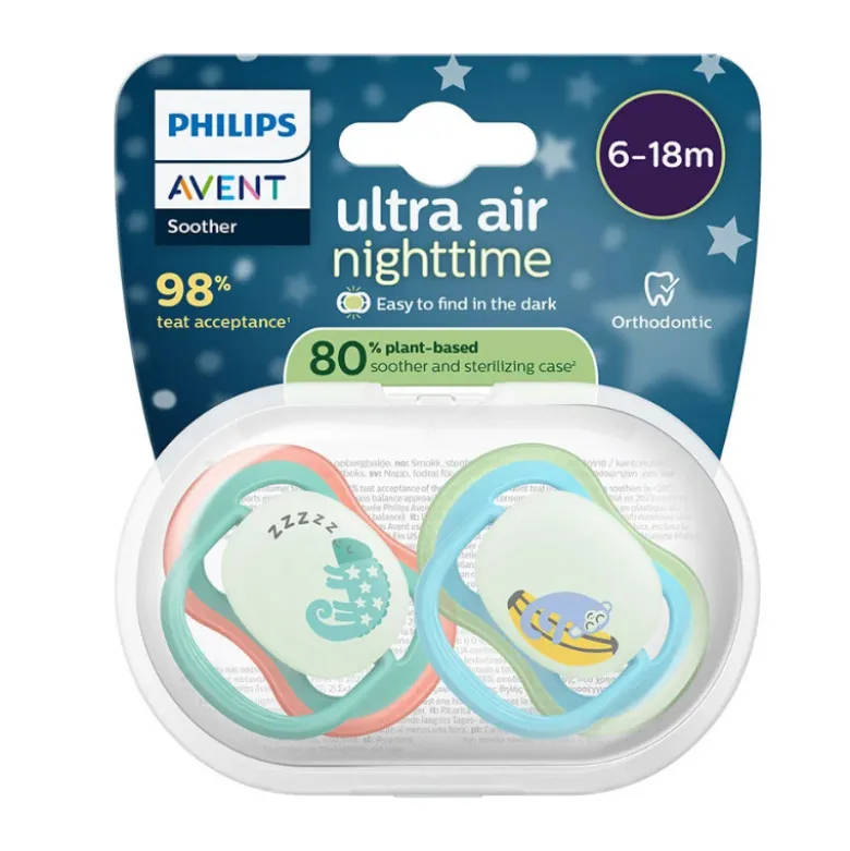 Philips Avent Ultra Air Chupeta Noturna 6-18M | Camaleão e Macaco - Brilha no Escuro