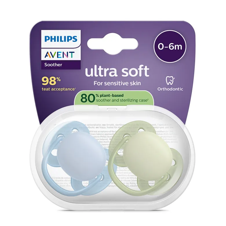 Philips Avent Ultra Soft Chupeta 0-6M Azul e Verde | Para Pele Sensível Bebé